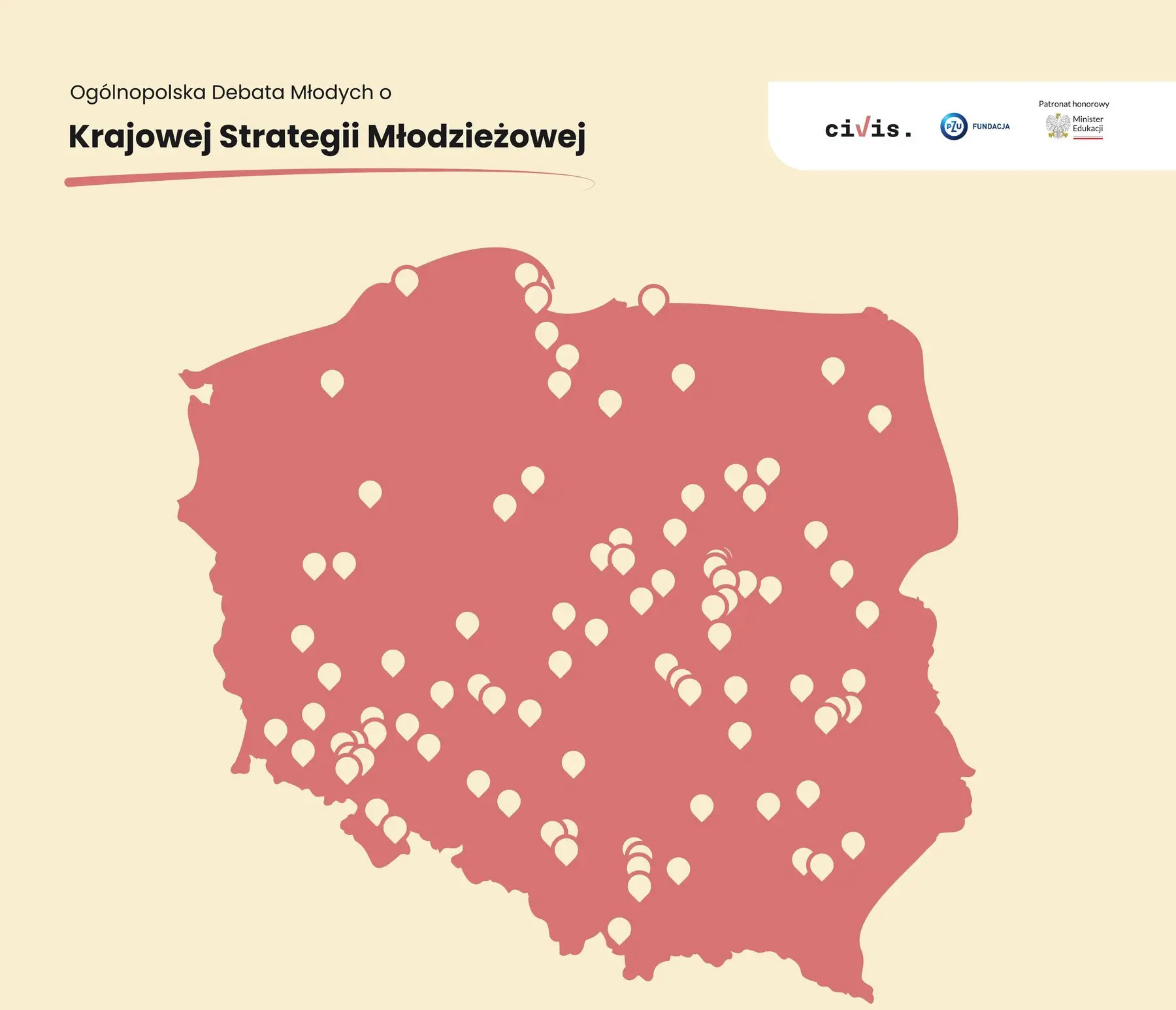 Mapa Polski z zaznaczonymi 93 miejscowościami, w których odbyły się debaty
